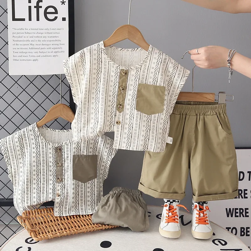 Summer Baby Boy 2PCS Casual Outfit Geometric Print Short Sleeve Open Front Shirt & Solid Shorts Set for Kids Daily Vacation Wear
