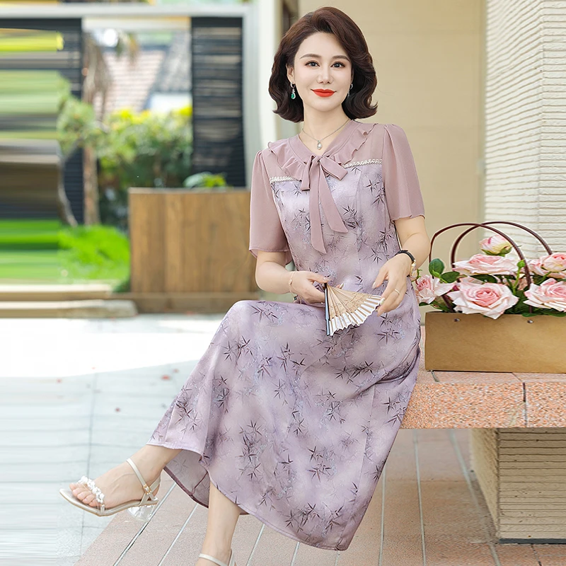 Abito chic da donna Colletto sciarpa Elegante stampa floreale Abiti da ufficio a trapezio Vestido da donna diviso da fata