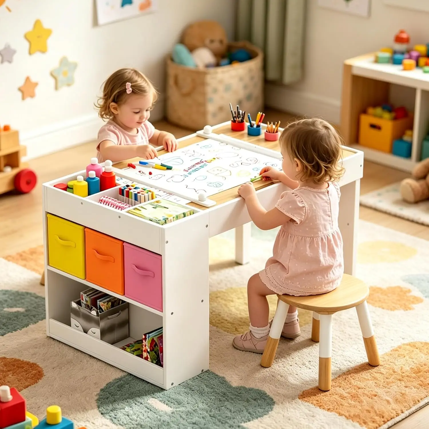 Kids Art Table and Chairs Set with Storage, Wooden Craft Desk with 2 Stools, Child Drawing Table with Open Shelves, Paint Cups, Paper Roll, Bins, Toddler Play Table, 39' L X23 W