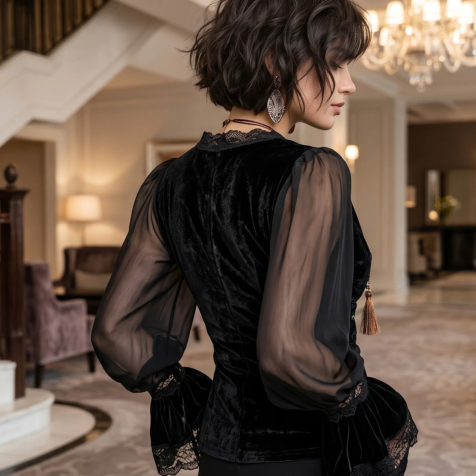

Women Vintage Gothic Lace Trim Blouse Deep V Neck Sheer Long Sleeves with Flared Cuffs Velvet Elegant Romantic Cocktail Party