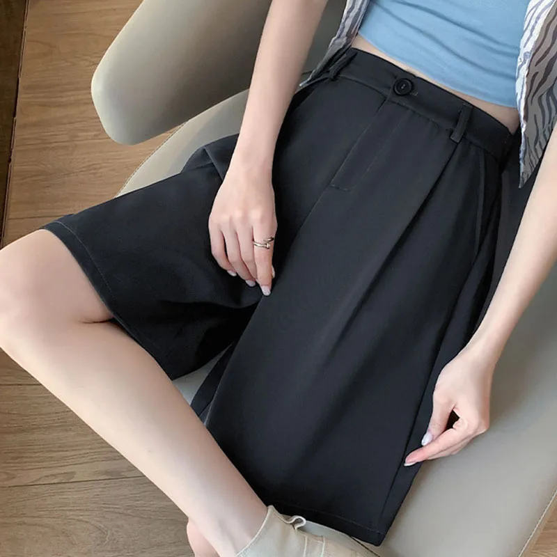 

Korean Style Office Lady Suit Shorts 2025 Summer Loose High Waisted Wide Leg Shorts Woman Solid Casual Baggy Knee-Length Pants