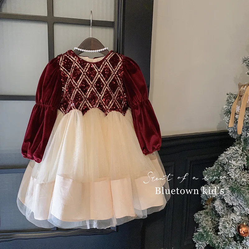 2024Girls Autumn and Winter New Fleece-Lined Fashionable New Year Christmas Eid Red Fashionable Dress