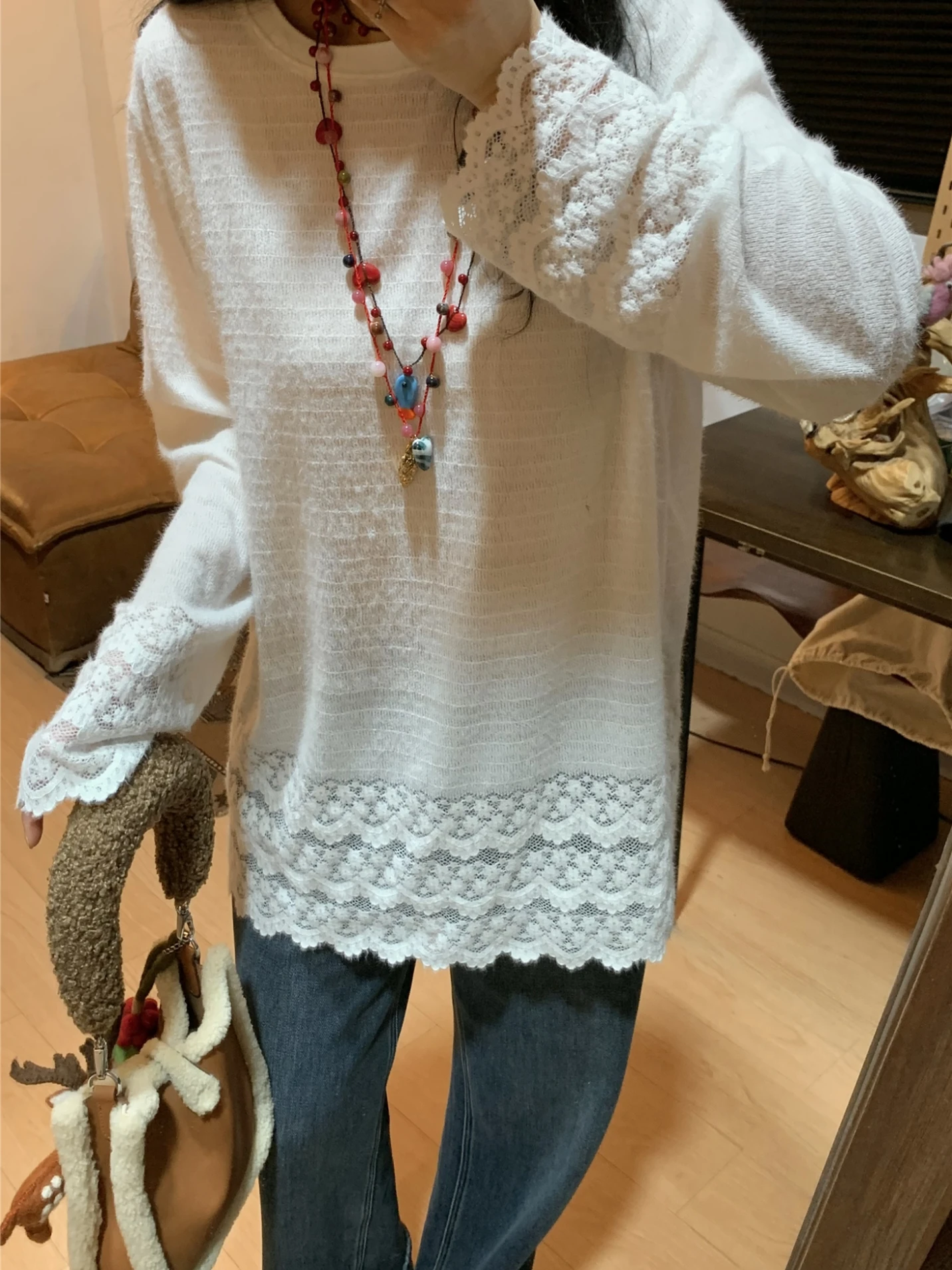 

QinEition Gentle Wind Design Fce Lace irt Women's Lazy Long Sve Layering Base Layer Top Nylon Spandex Blend round Ne