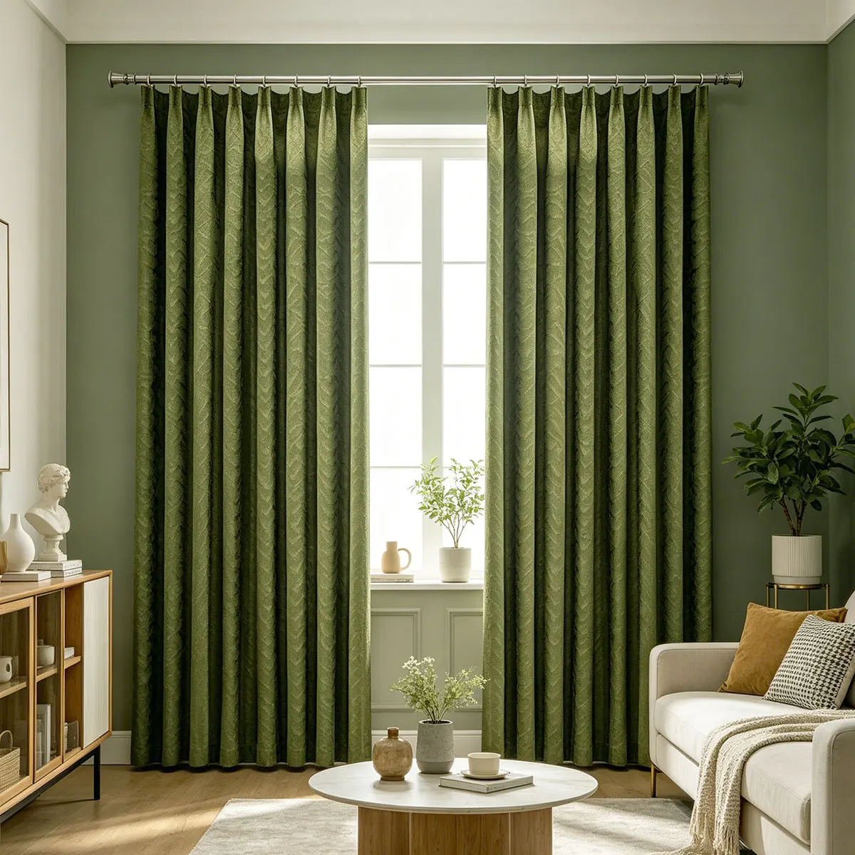 2 Panels Embossed Mountain Pattern Blackout Curtains, Olive Green Suede Texture Thermal Insulated Noise Reducing Window Drapes for Bedroom Living Room Home Decor