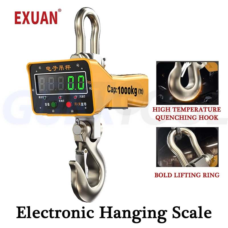 1T Electronic Hanging Scale Industrial Crane Scale Alloy Steel Casing Hoist Digital LCD Display Heavy Duty Weighing Meter Tool