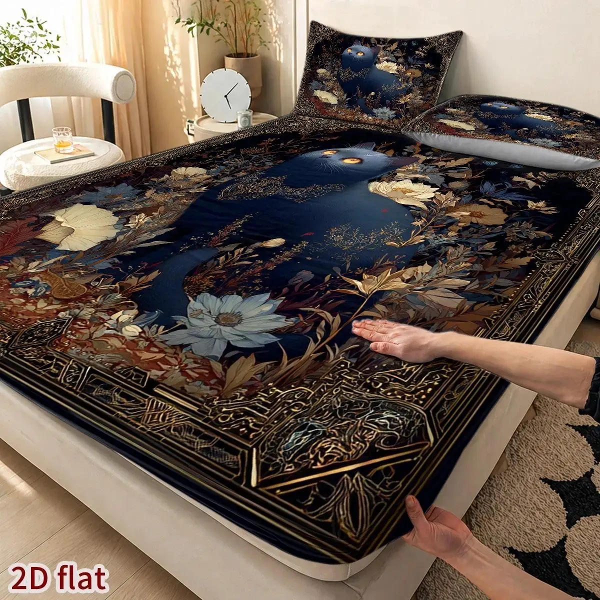 3-Piece Mattress Protector Set, 1 Fitted Sheet + 2 Pillowcases (Without Filling) 2D Flat Priting, Mattress Cover, Dark Night Blue Cat and Floral Interwoven Pattern, Gothic Luxury Painting Style, Halloween Home Decor Season, Suitable for All Seasons, Machine Washable and Easy to Care For, Suitable for Master Bedroom, Guest Room, Dormitory, Home Sleep Guardian, Dustproof, Anti-Mite, Antibacterial Design, High Quality