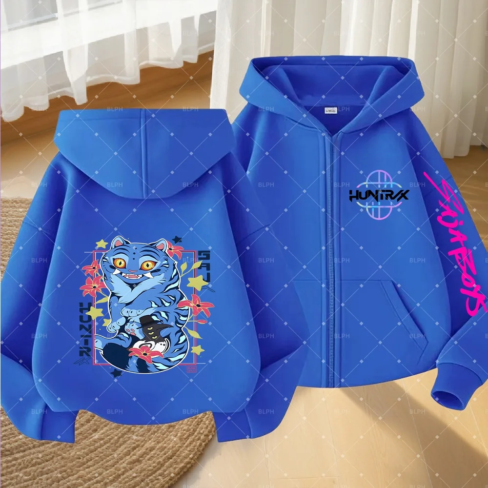 

Cute Blue Tiger Pattern Kids Zip-Up Hoodie with Huntrix KPop Demon Hunters Style, Adorable Floral and Star Design for Children's