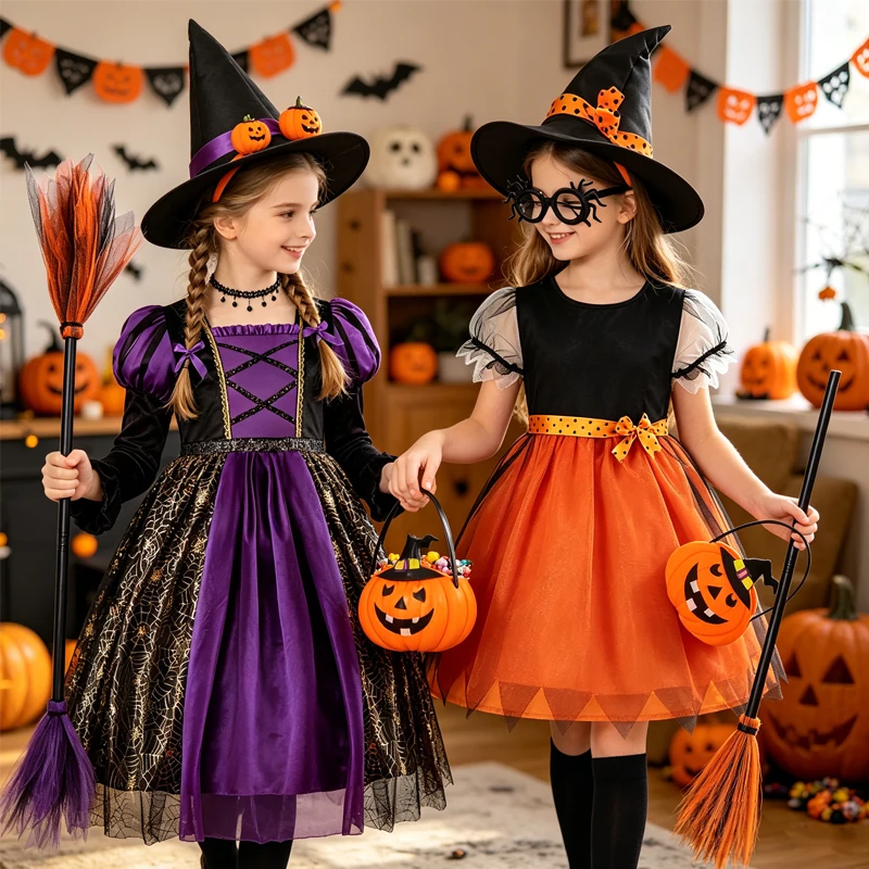 Baby Girls Halloween Witch Costume Children Cosplay Vampire Dresses Carnival Party Clothes Dress Up Clothes for Children