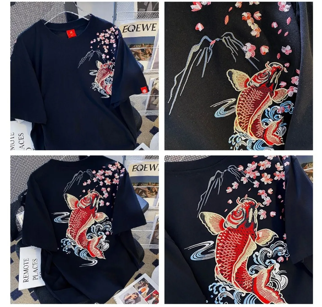 Red Carp Embroidery Trendy Cool T-shirt for Women 2024 New Summer China Style Classic Tees Cotton Fashion O-neck Female Tops Y2k