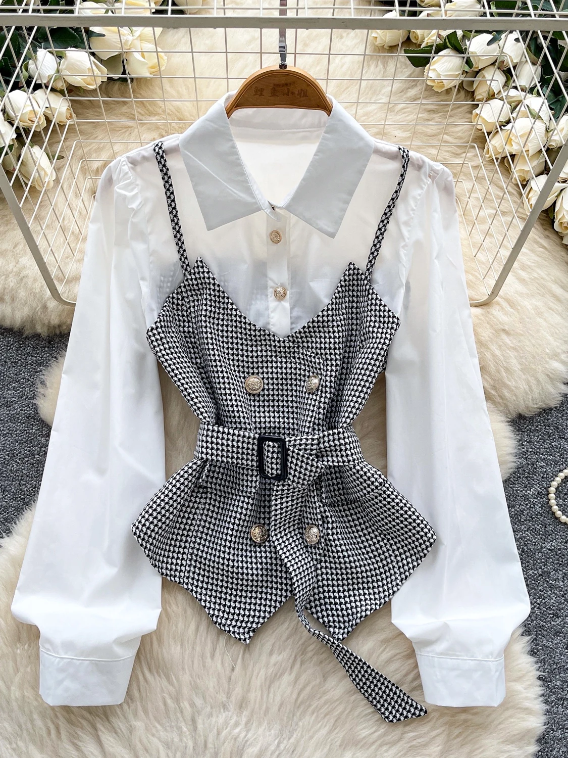 

Chic Plaid Long Sve irt Women's Waist-Cinching Belted Patchwork Autumn Versatile Top Breathable Polyester Fiber