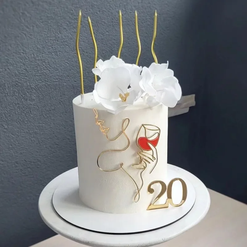 【セール中】Ins Line Girlハッピーバースデーケーキトッパーデコレーションゴールドアクリル抽象アート、結婚式ガールパーティーケーキトッパーベーキング用品用