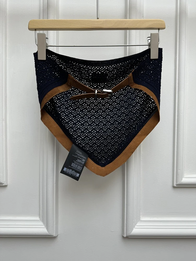 Summer Fashion Dark Blue Hollow Out Knitting Strapless Top Women's Sexy Strapless Chamois Leather Patchwork Buckle Strap Top