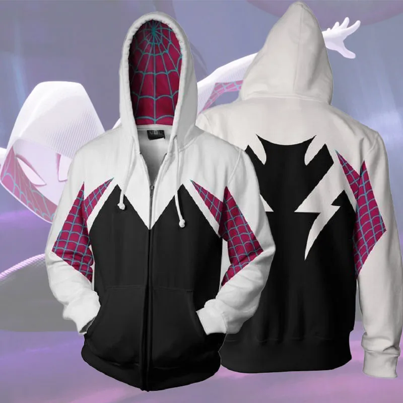 

Spider Gwen Stacy Costume for Women Superhero Cosplay 3D Zipper Jacket Hoodies Pullover Sweatshirt Adult Halloween Dress Up