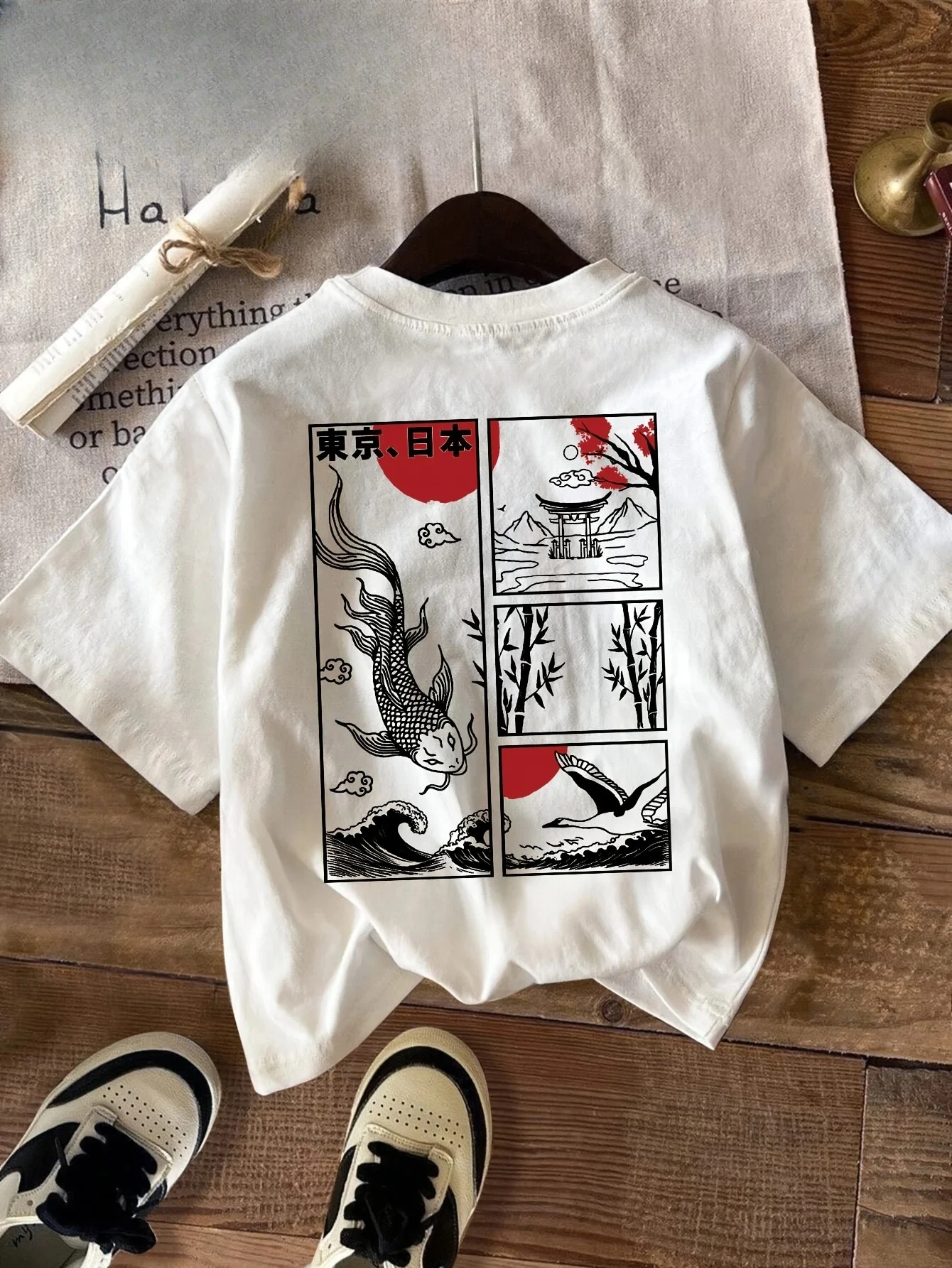 

Loose Manga Women's Japanese Koi Fish & Bamboo Print T-Shirt Short Sleeve Crew Neck Casual Top Tee