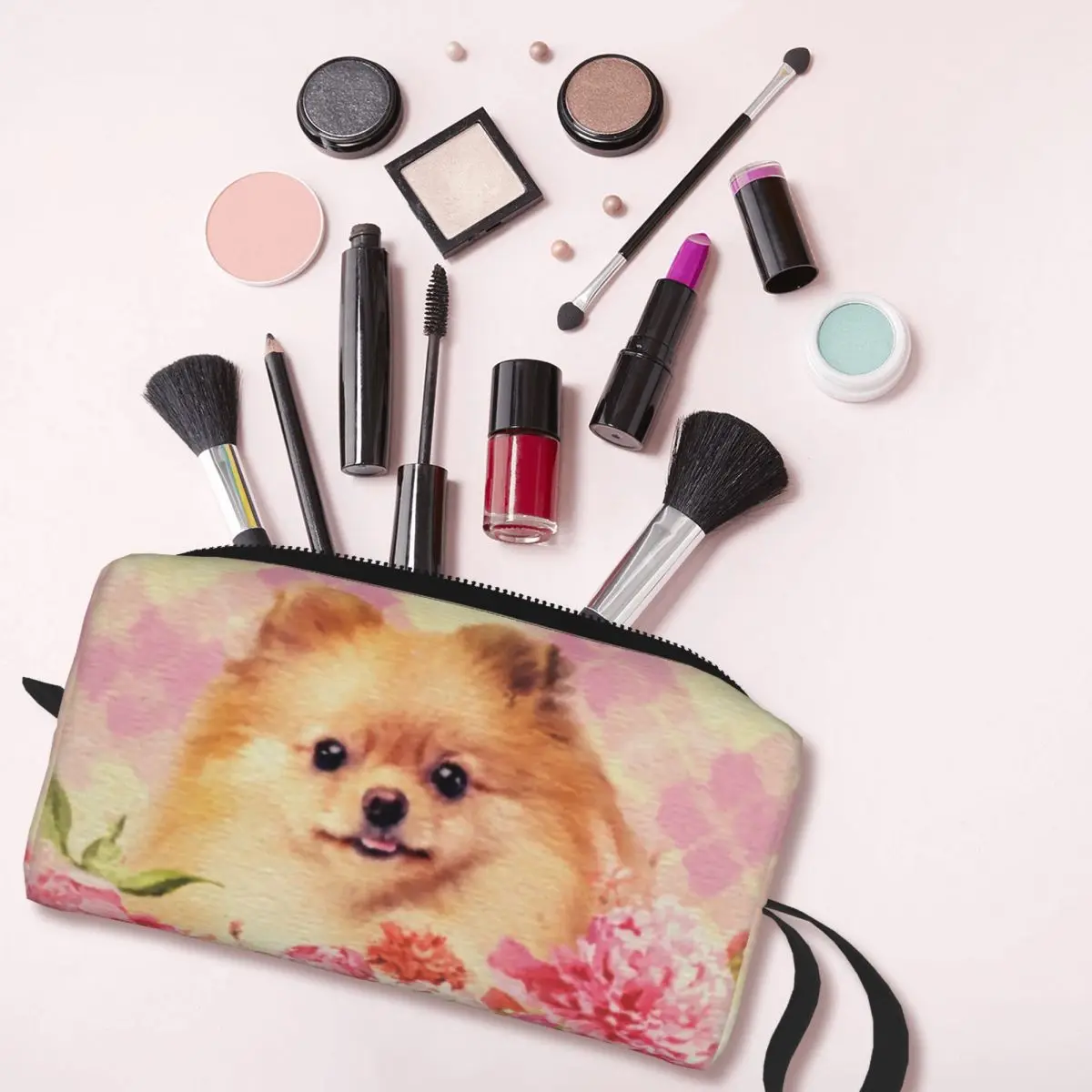 Cute Pomeranian German Spitz With Flowers Cosmetic Bag Kawaii Large Capacity Pet Dog Makeup Case Beauty Storage Toiletry Bags