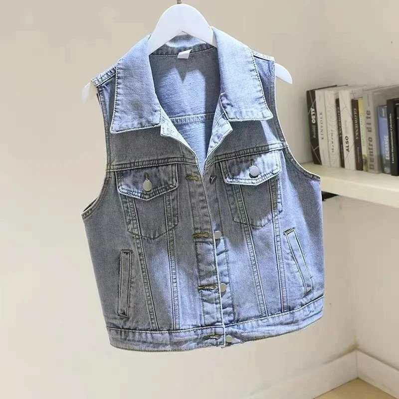 Veste courte en denim émaillé pour femme, gilet de cow-boy simple, manteau de fibre à grandes poches, haut femme, printemps, été, nouveau, 2024