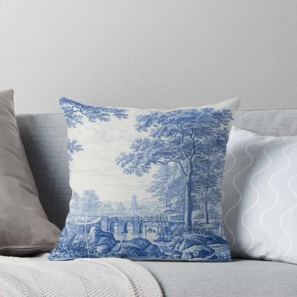 Blue Toile French Blue and White Coastal Grandmother Grandmillenial Design Vintage Antique Artwork Art Print of a P Throw Pillow