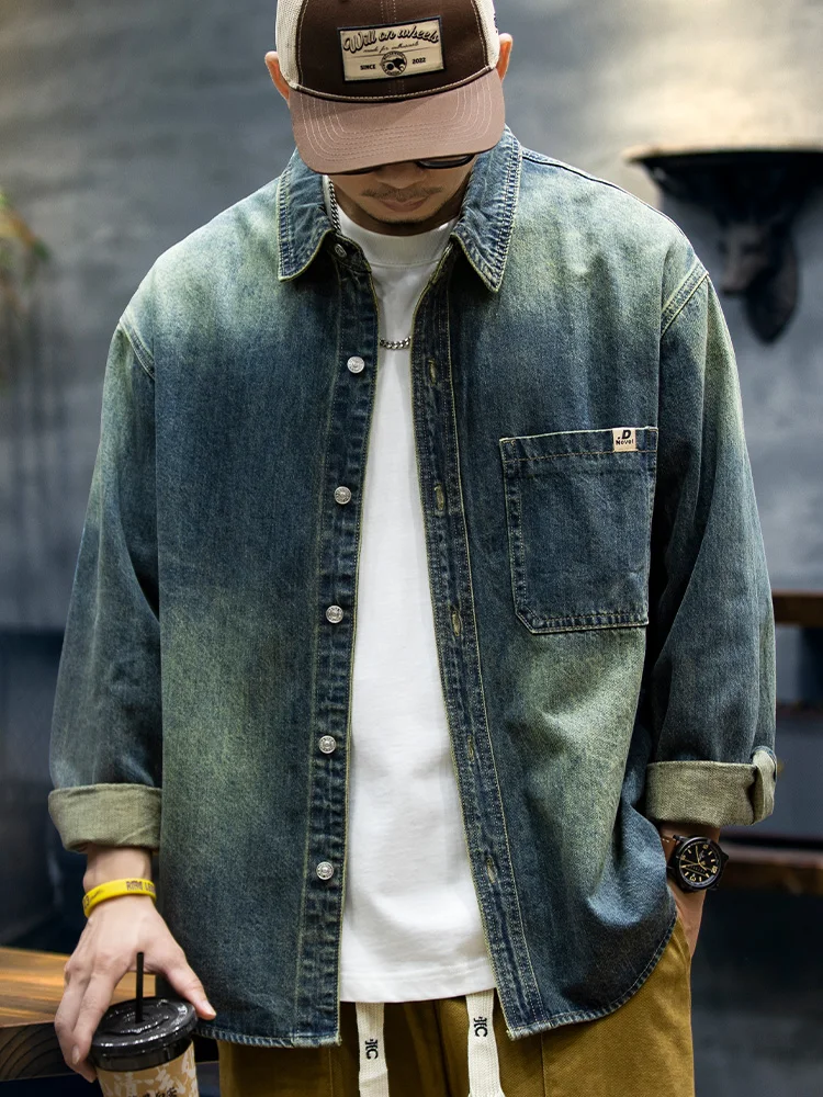 Loose Fit Gradient Color American Denim Shirt Men's Autumn Long Sleeve Workwear Top Large Size Men's Outerwear Jacket