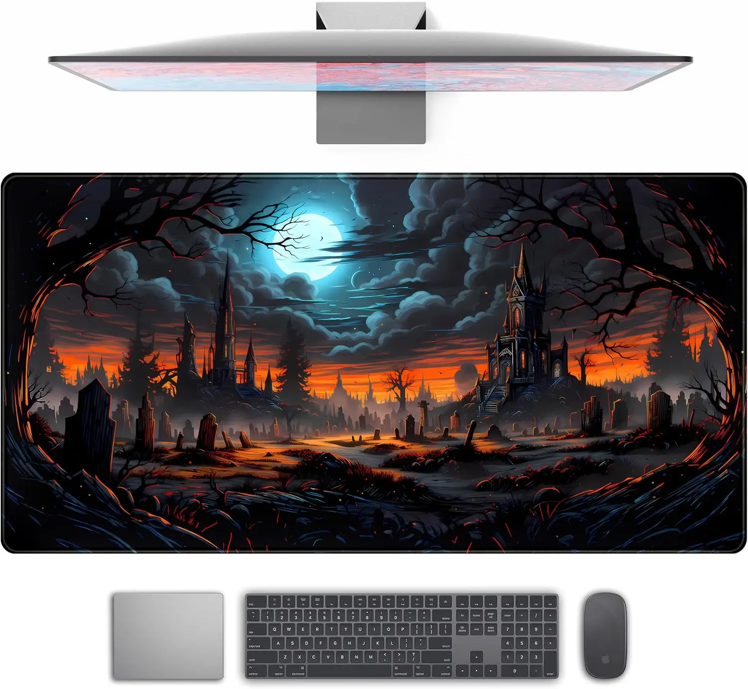 Halloween Gothic Gaming Mouse Pad, Spooky Cemetery Castle Full Moon Print Smooth Edge Non Slip Mat for Gamers Office Home Mouse