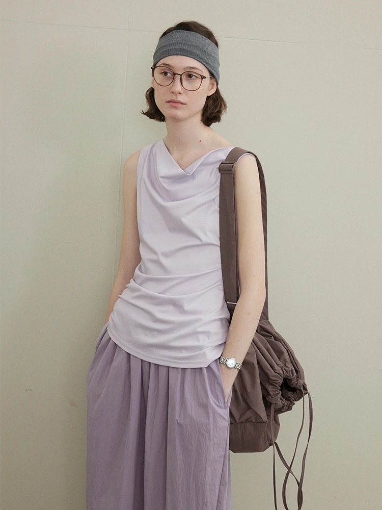 

Moofeel Silk Knitted Vest Women's Summer Slim Fit Waist Cinching Sleeveless round Neck Purple Top Casual Style
