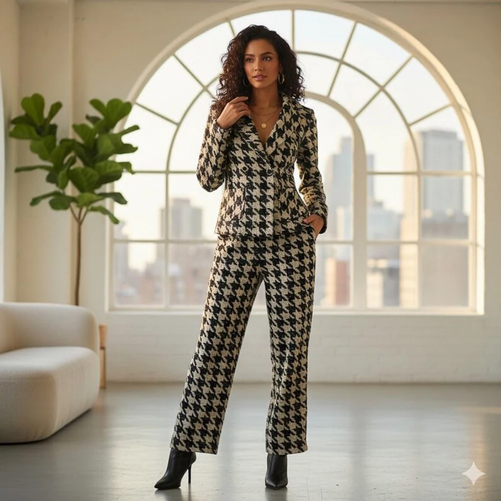 Fashion Houndstooth Women's Suits Sets High Quality Double Breasted Notch Lapel Slim Fit 2 Piece Jacket Pants Female Clothing
