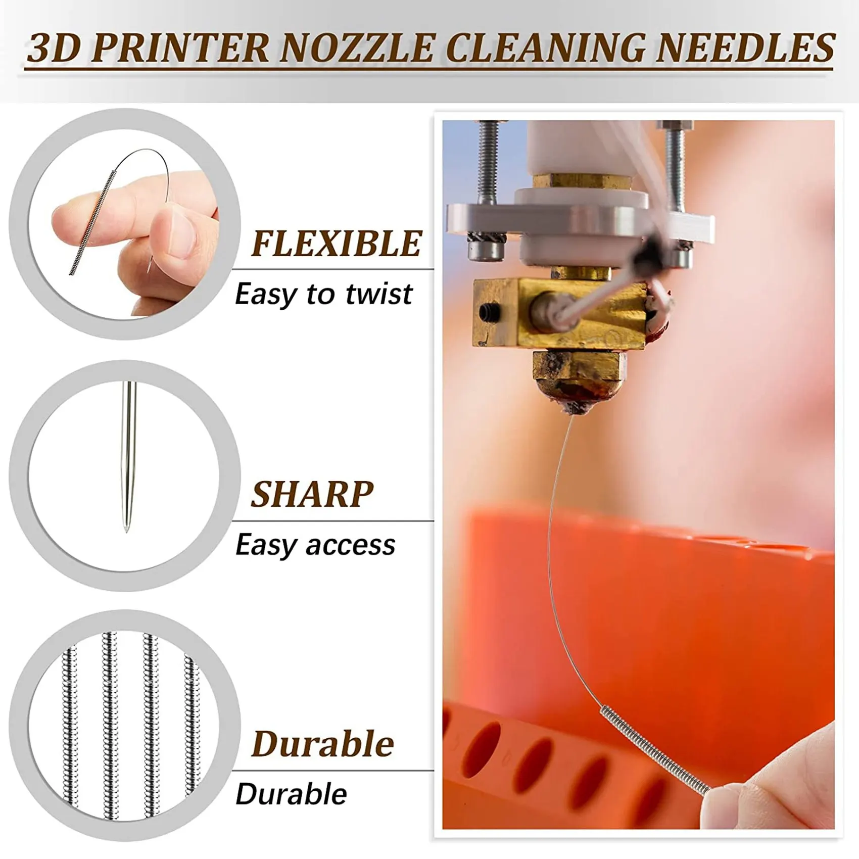 For Most 3D Printer Nozzle Cleaning Kits, 10X0.35mm Cleaning Needle, 10X0.4mm Brass Nozzle, 1Xtweezers, 1Xnozzle