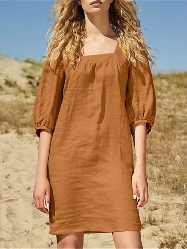 

2024 Summer Dresses Women Casual Square Collar Puff Sleeve Loose Midi Dress Solid Color Beach Sundress Vestidos