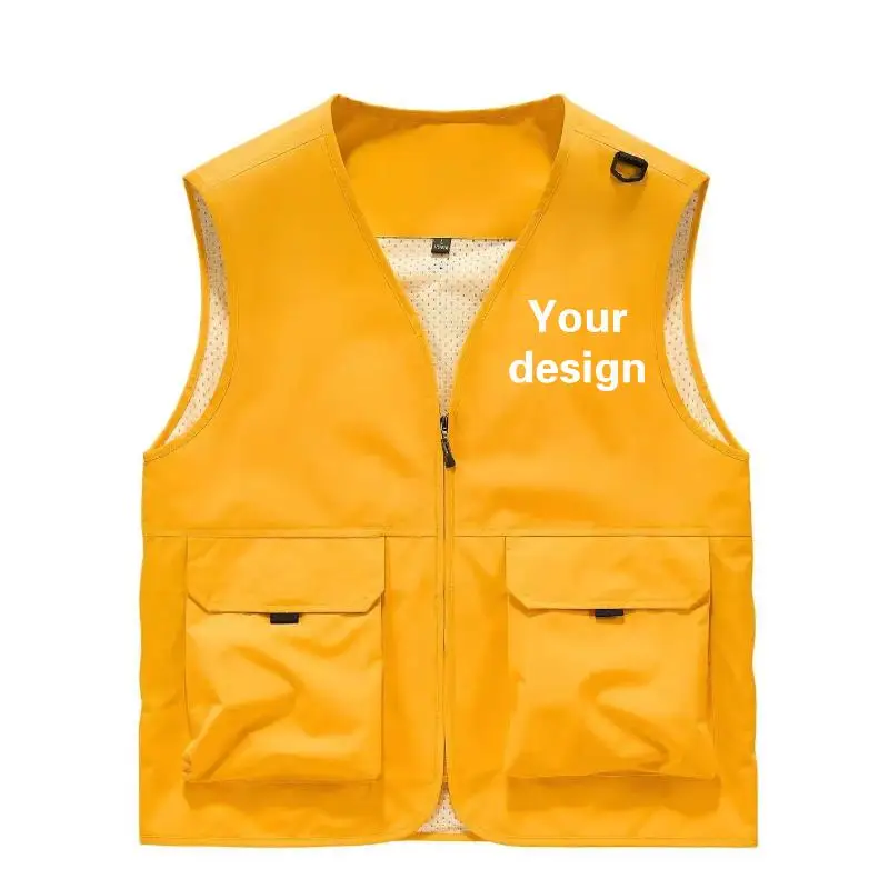 Workwear Vest Men Women Outdoor Multi Pocket Photographer Hook Fish Vest Coat Printed Logo Exhibition Volunteer Jacket Custom