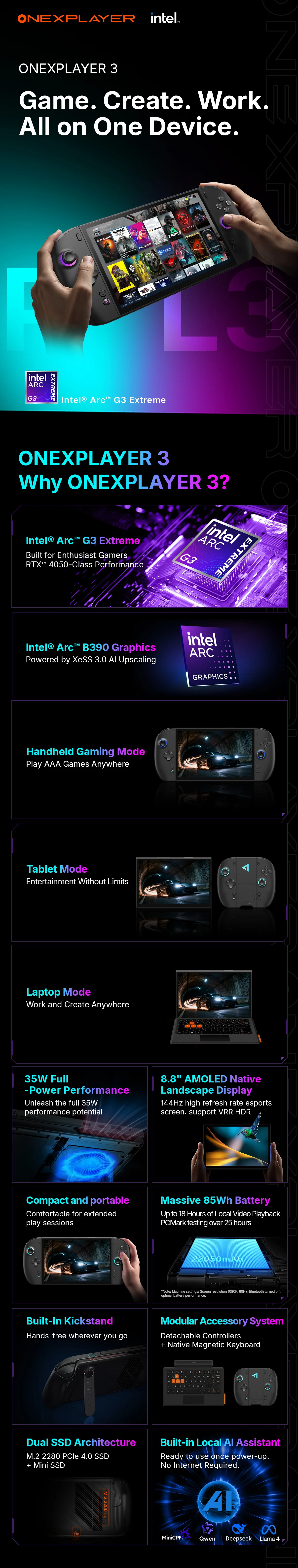 OneXPlayer 3 G3e 3-in-1 Windows Gaming Handheld 8.8 Inch 144Hz AMOLED Intel Arc G3 Extreme Portable Game Console