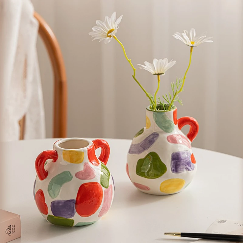Geometric Colored Striped Ceramic Vases, Potted Plants, Dining Table Decorations, Floral Vases, Room Aesthetic Decorations