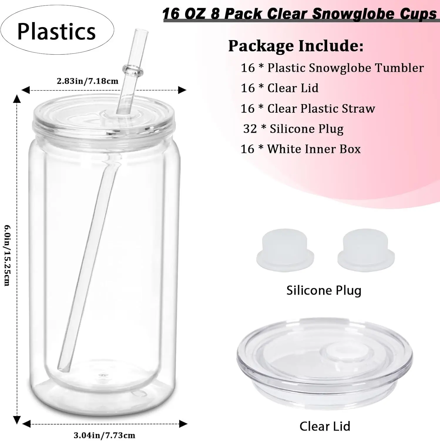 

16 oz Plastic Snow Globe Tumbler, 16 Pack Double Wall Snowglobe Tumbler with Pre Drilled Hole, Plastic Mason Jar Cups Can(Clear)