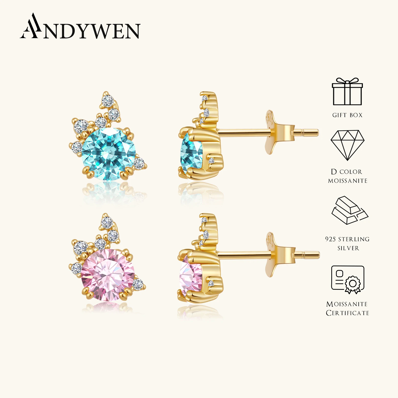 

Серьги-гвоздики ANDYWEN из серебра 925 пробы с розовым аквамарином и муассанитом 0.5CT×2, цвет D, VVS1, роскошные, новые, для свадьбы 2026, ювелирный подарок