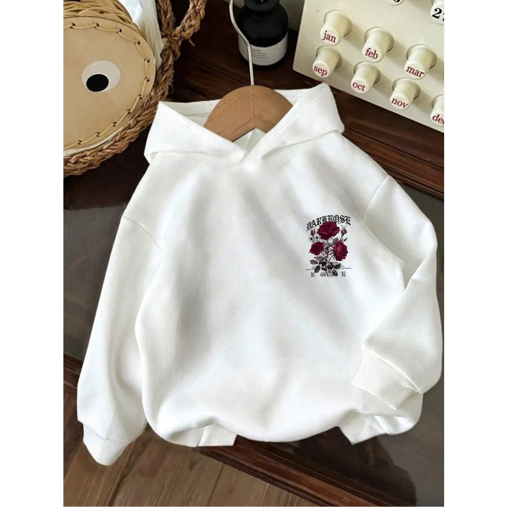 Children's Back Red Rose Flower Print Hoodie Loose Casual Long-sleeved Spring and Autumn Children's Clothing