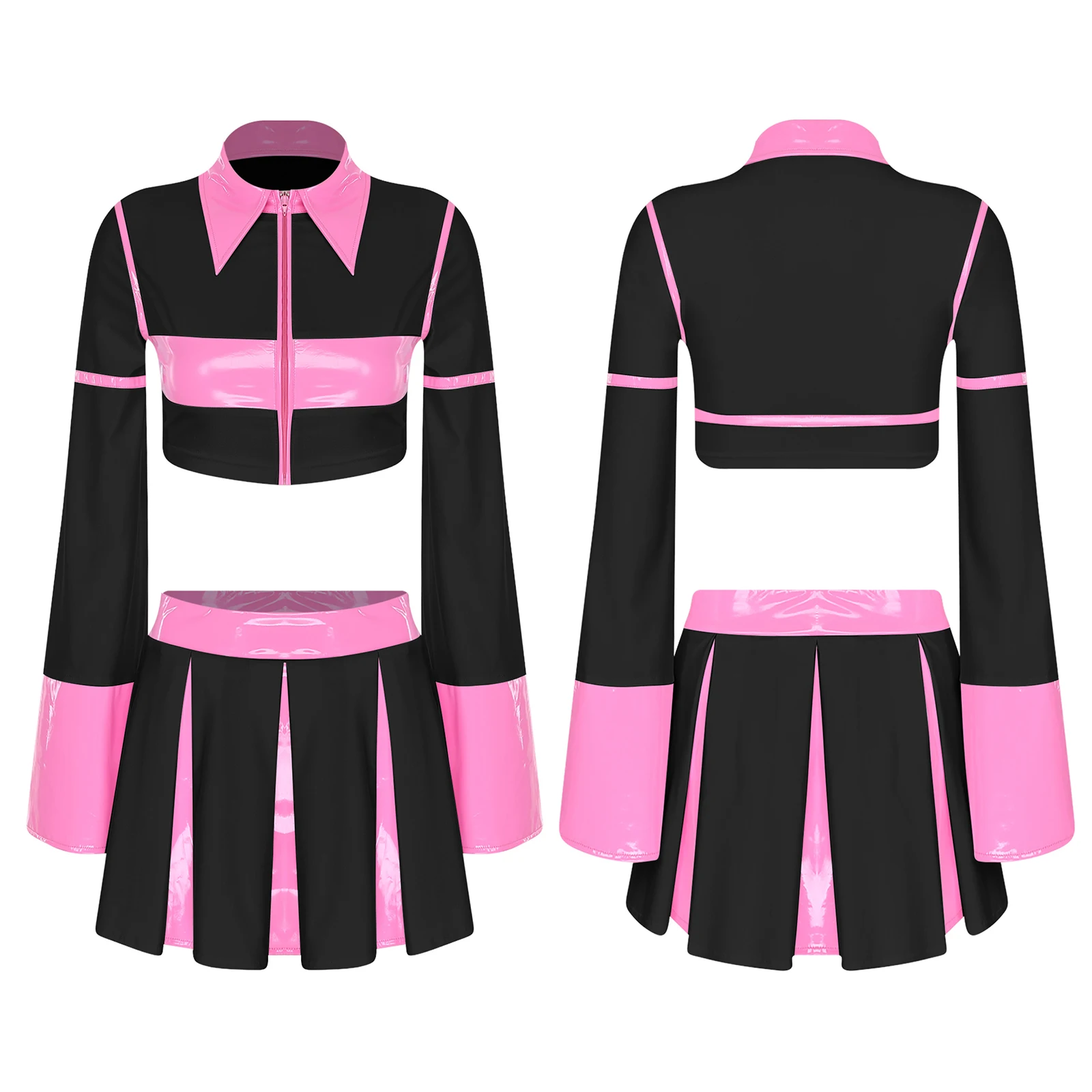 المرأة نظرة الرطب أنيمي تأثيري حلي مجموعة التشجيع يهتف الرقص وتتسابق طويلة الأكمام اقتصاص وتنورة قصيرة مطوي للنادي #1