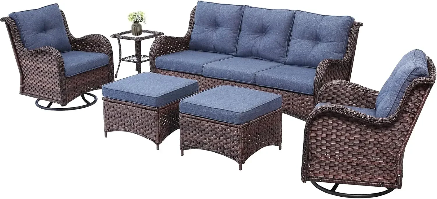 

6 Pieces Outdoor Patio Furniture Set, Rattan Wicker Sectional Swivel Rocker Chairs Sets with Ottomans, Swivel Glider Chairs