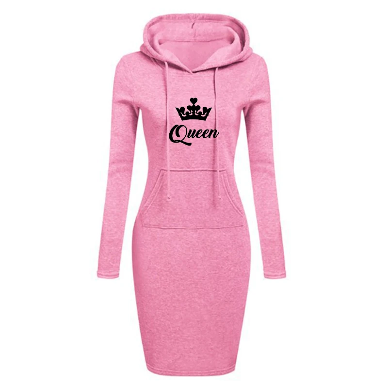 Abiti al ginocchio stampati Queen da donna caldi Abiti slim con cappuccio Abito con cappuccio solido Manica lunga Abiti vintage femminili alla moda