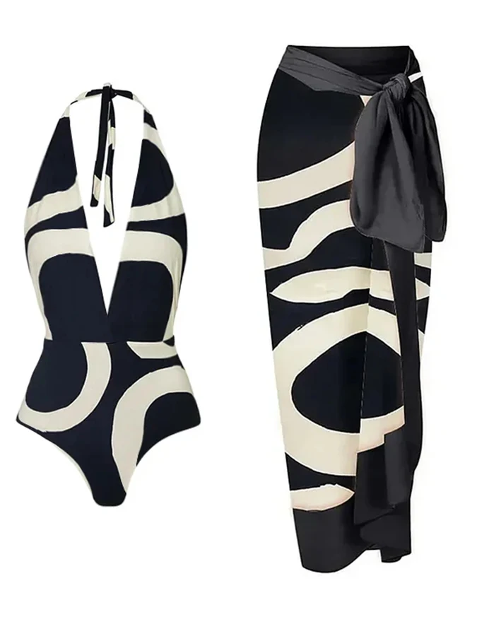 Black And White Printed Swimsuit With Deep V Halter Strap Design Sexy One-piece Women\'s Summer Swimsuit And Long Cover  Up 2023