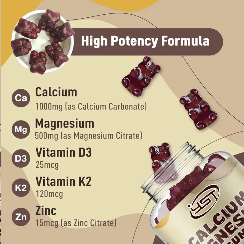 

Calcium Magnesium Zinc Gummie Supplement Containing Vitamin D3 and K2, 60 Gummies for Bone Health and Muscle Function