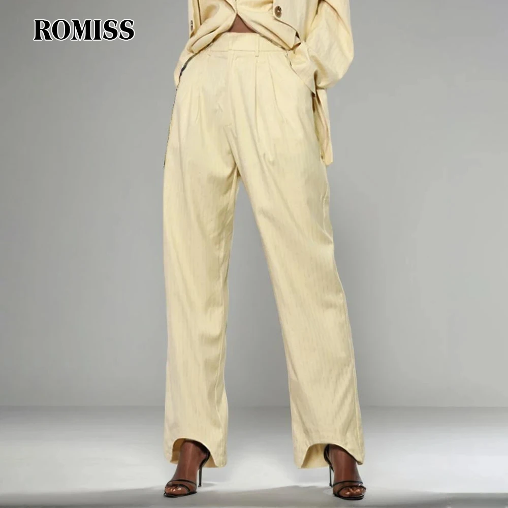 ROMISS Striped Casual Minimalist Straight Pants For Women High Waist Patchwork Zipper Irregualr Hem Trouser Female Fashion