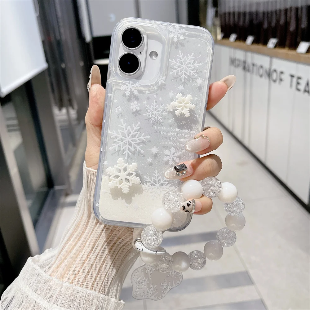 Winter White Snowflake Phone Case For iPhone Case 16 15 14 Plus 13 12 11 Pro Max XR XS quicksand clear Cover With Bracelet