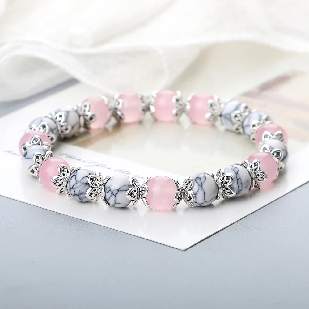 8mm Natural Stone White Bracelet for Women Pink Quartz Onyx Agates Lava Beads Stretch Bangles Strand Bracelets Men Jewelry Gifts