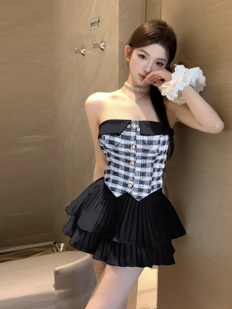 Elegant Plaid Color Block Sleeveless Vest And Short Skirt Set for Women Princess Style Fashionable Casual Outfit Summer Season