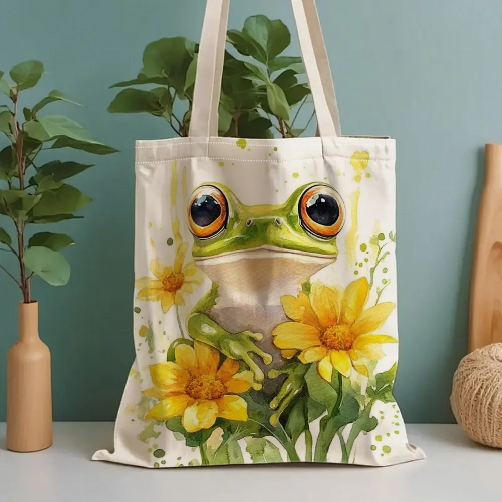 1pc Watercolor Frog Sunflower Themed Printed Tote Bag, Reusable Shopping Bag, Suitable for Daily Use, Shopping, School, Travel