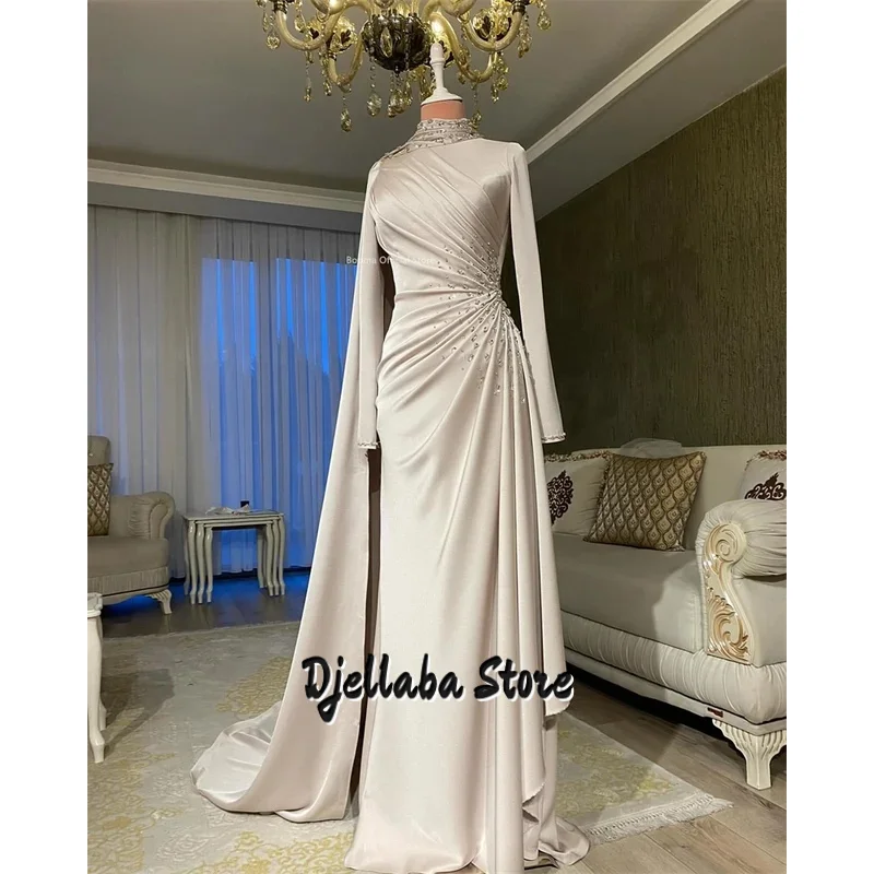 Elegante Abendkleider aus Satin, formelle Partykleider für Damen, hochgeschlossenes Abendkleid mit Falten, individuell anpassbar