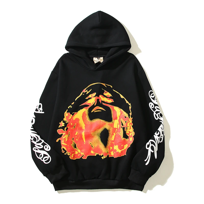 

High Street Flame Print Baggy Fleece Hooded Hoodies Men's Pullover High Street Oversize Casual Sweatshirts Thick Loose Hoody