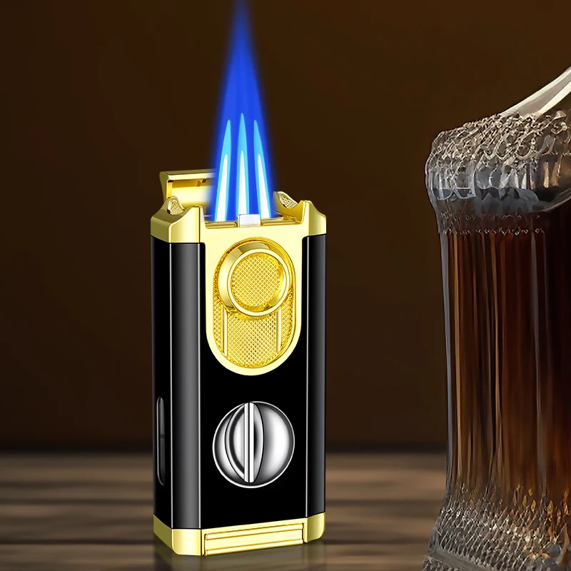 

Multifunctional Cigar Lighter Powerful Three Blue Flame Visible Gas Window V-shaped Cigar Cutter Ignition Gadgets Jet Flame