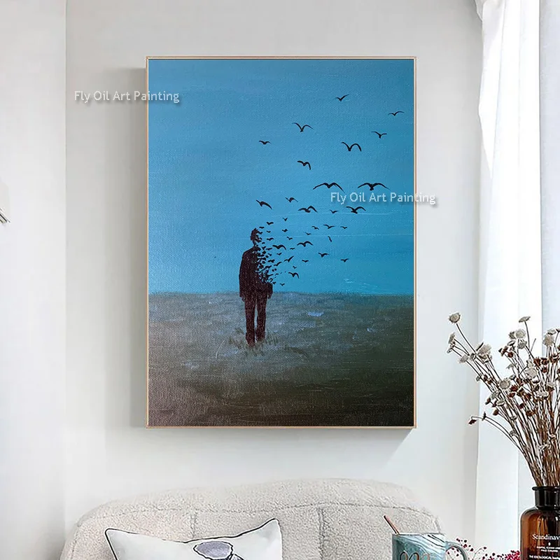 

Handmade Black And Blue Abstract Bird And People Thick Oil Painting On Canvas Large Wall Art For Bedroom Decor As Gifts For Love
