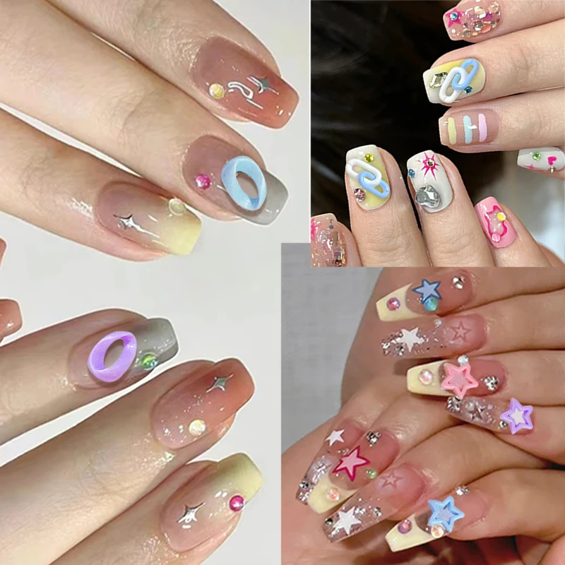 50PCS Kawaii Mixed Colors 3D Nail Art Decorations Charms Accessories Pink Purple Star Heart Manicure Parts