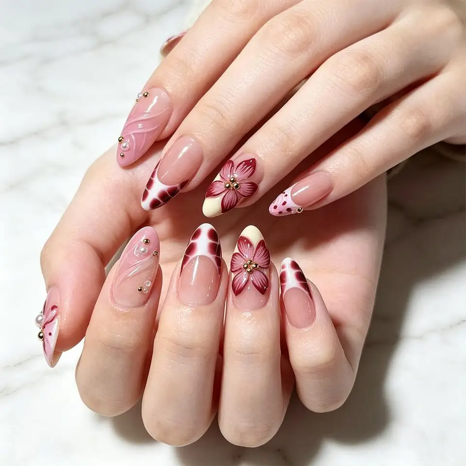 10 piezas de uñas postizas hechas a mano con flores 3D y cuentas doradas, color nude rosa, francesas, en forma de almendra, tallas M/S/XS, artificiales y reutilizables 2