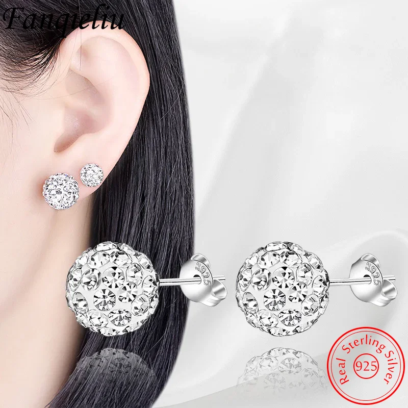 

Fanqieliu Genuine 925 Sterling Silver Woman's New High Quality Jewelry Shambhala Crystal Ball Stud Earrings FQL23645